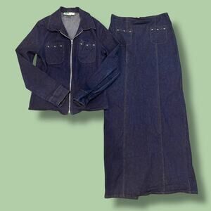 Vtg Holiday Magic Denim 2-Pc Jacket & Maxi Skirt XS/S Star Studded Blue Western